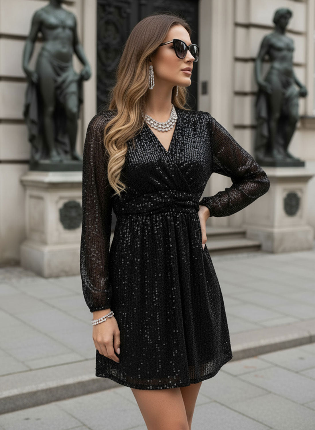 Short black dress with sequins and crossover neckline