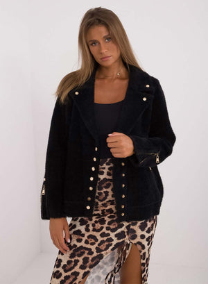 Short black wool jacket with gold buttons