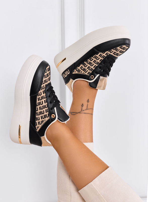CAMILLA - Zapatillas negras de plataforma con inserciones de tela beige