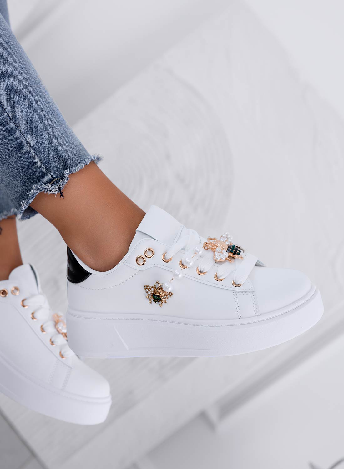 LILIANA - White sneakers with black heel and jeweled bee embellishment