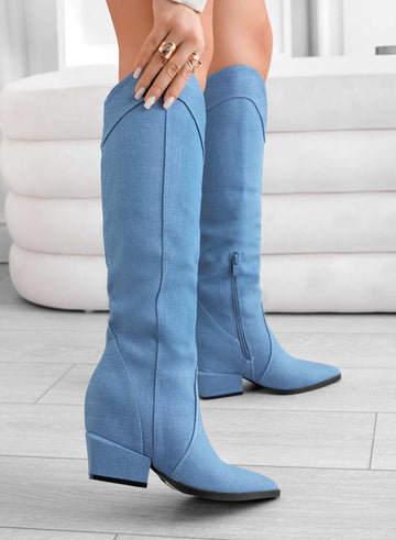 LINZI - Blue denim camperos boots with internal wedge