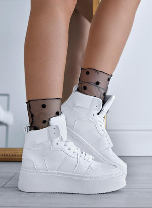 White high-top sneakers with laces