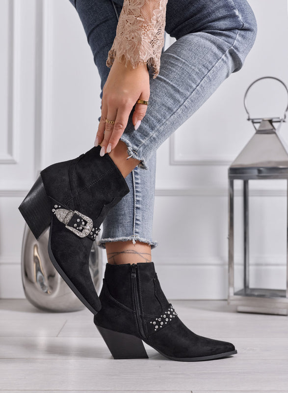 CAMILLA - Stivaletti Donna neri Texani con Borchie e Tacco Largo