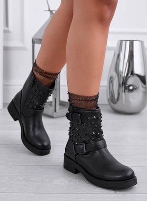 EUROPE - Black biker ankle boots with buckles and studs