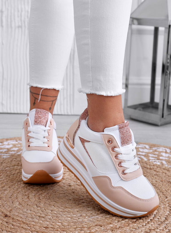 THEA - Sneakers bianche con zeppa e rifiniture champagne