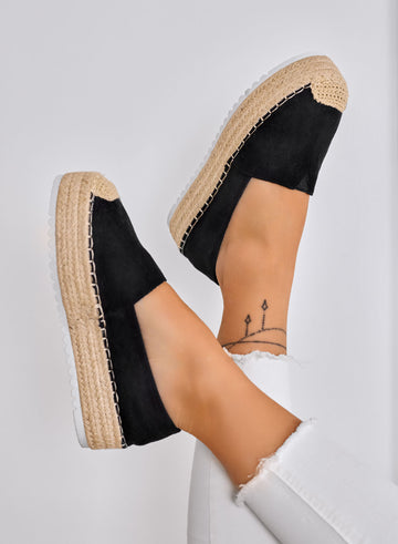 SAWANA - Black Platform Espadrilles in Faux Suede with Jute Toe