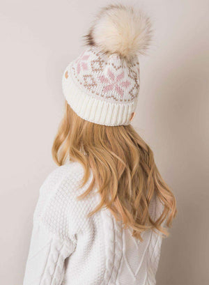Beige two-tone padded hat with faux fur pompom