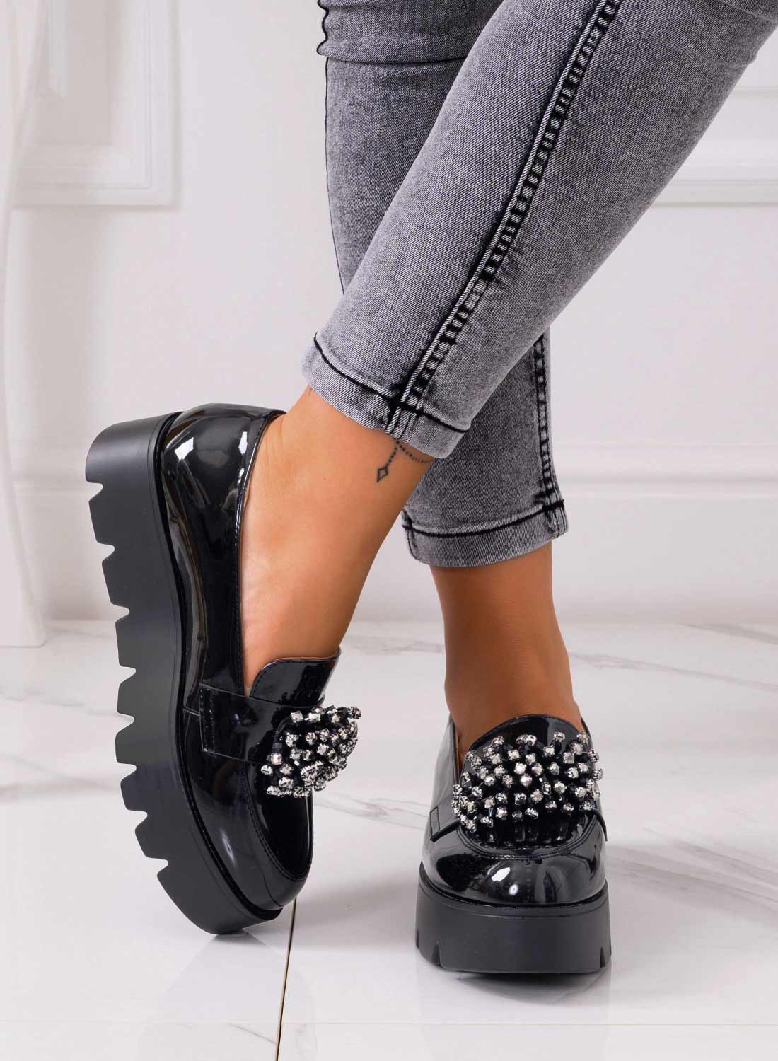 JESSY - Francesine nere in vernice con strass