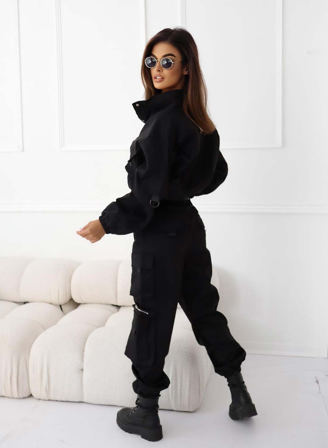 Black two-piece jumpsuit with waist belt and pockets