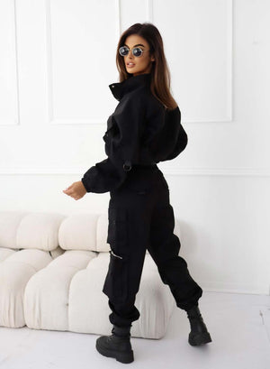 Black two-piece jumpsuit with waist belt and pockets