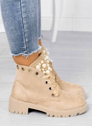 LEANNA - Beige low ankle boots Alexoo with pearls and stones