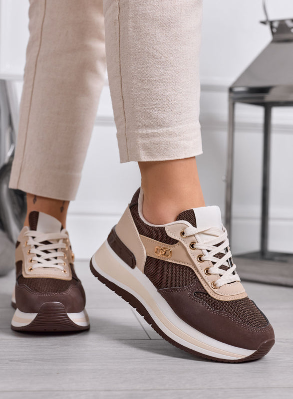 TULLIA - Brown Sneakers with Beige Inserts and Comfortable Wedge
