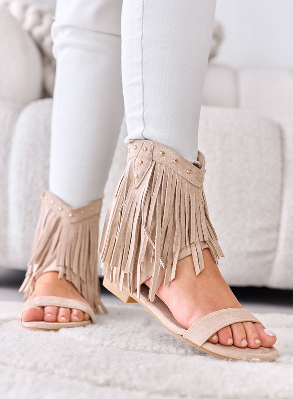 RACHELE - Beige sandals with Fringes and Studs