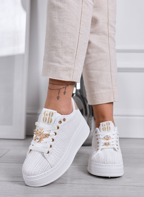 VENERE - White Woven Sneakers with Jewel Bee Applications