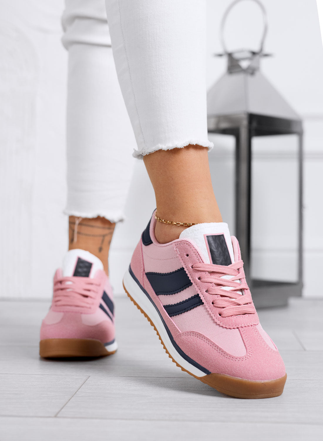 JUNO - Pink fabric sneakers with navy blue details and rubber sole