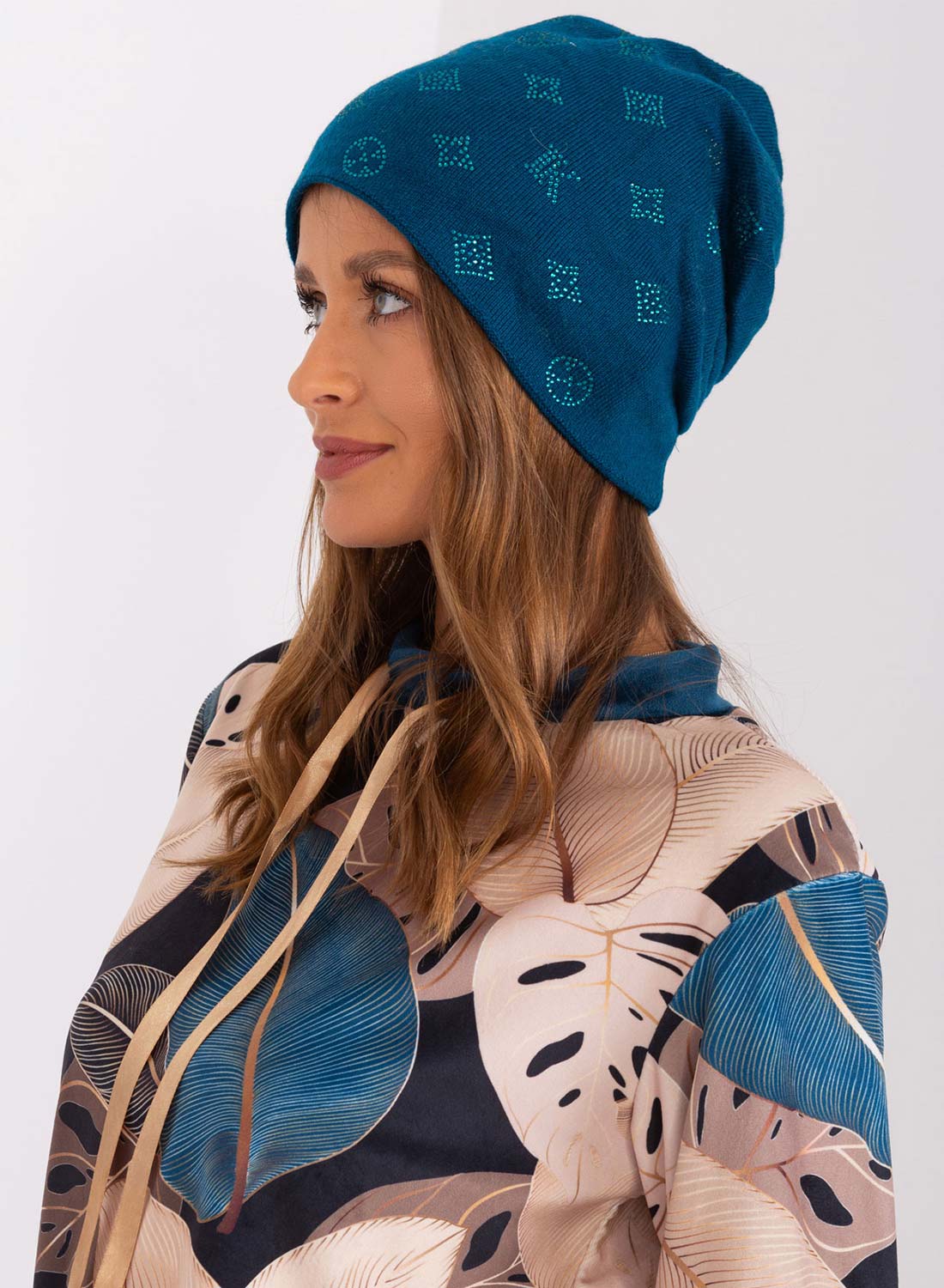 Petrol blue padded hat with rhinestone applications