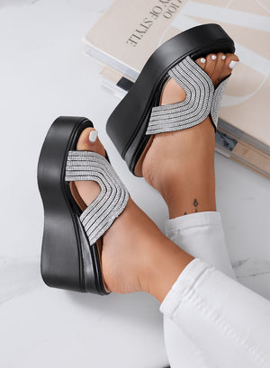 JAMES - Black women's wedge mules with rhinestones