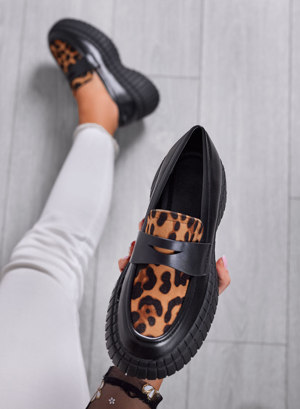 SIRIA - Mocassini platform neri con inserto animalier leopardato
