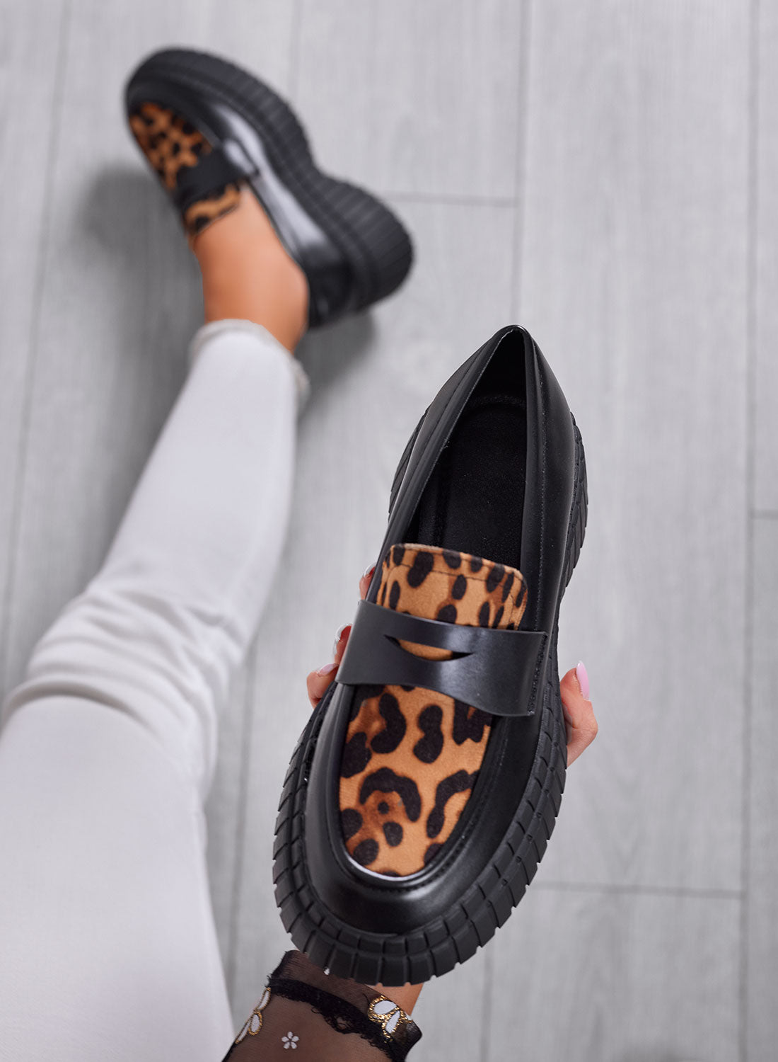 SIRIA - Mocassini platform neri con inserto animalier leopardato