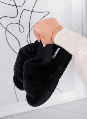 KEIRA - Black faux fur slippers with elastic