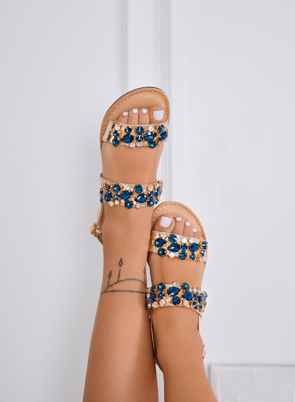 VITTORIA - Sandali oro gioiello con tacco basso e strass blu