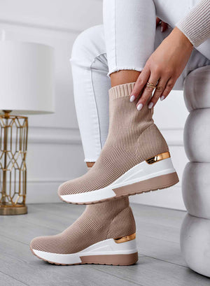 JUNA - Beige ankle boots in stretch fabric with wedge heel