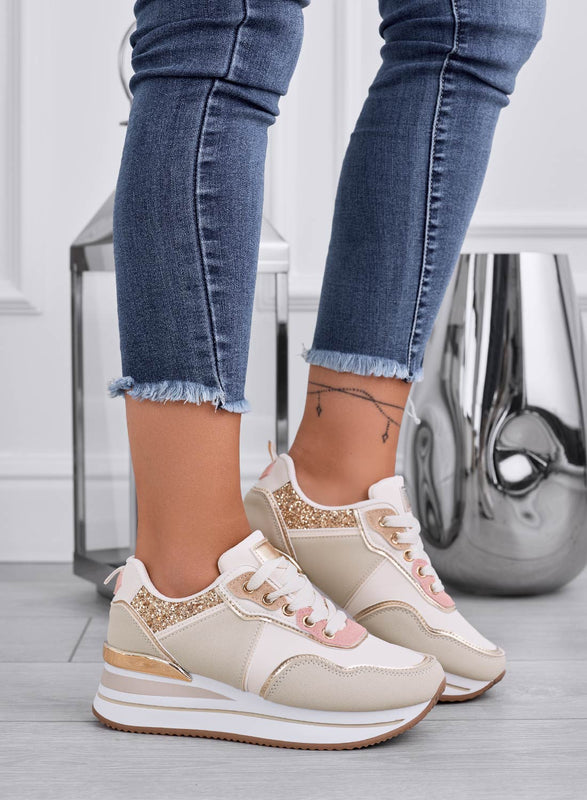 LIARS - Sneakers beige con glitter oro e zeppa