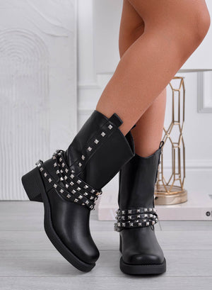ANNABEL - Black ankle boots with studded straps