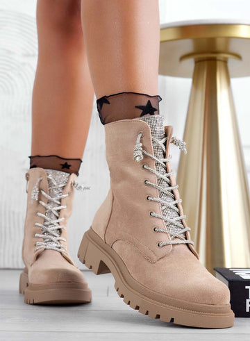 MOIRA - Alexoo beige combat boots with laces and jeweled tongue