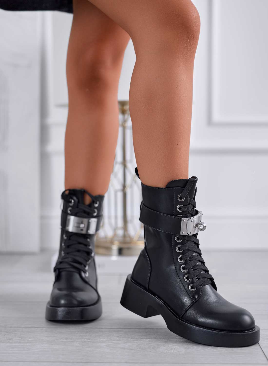 DORIAN - Black combat ankle boots with silver plate