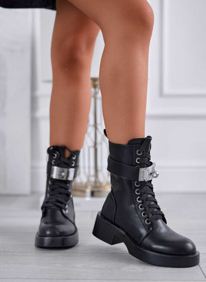 DORIAN - Black combat ankle boots with silver plate