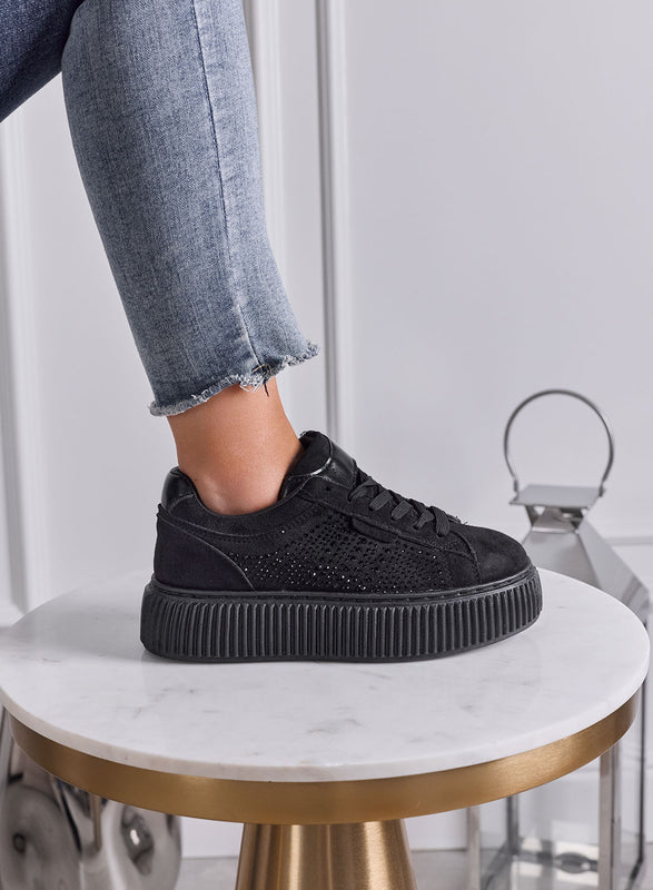LIBERA - Sneakers Donna Nere con Strass e Suola Platform Alta