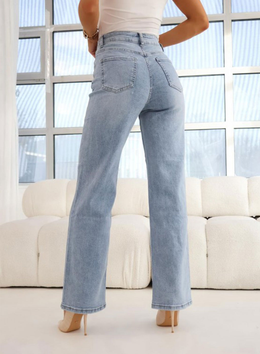 Pantalone jeans blu chiaro palazzo a vita alta