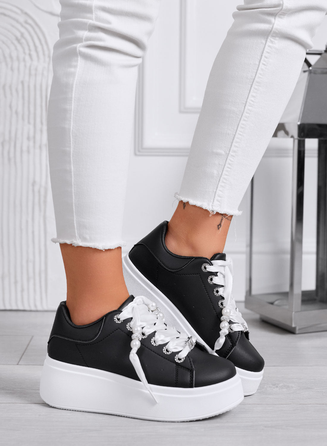 CARTER - Black Platform Sneakers with Satin Laces and Pearls