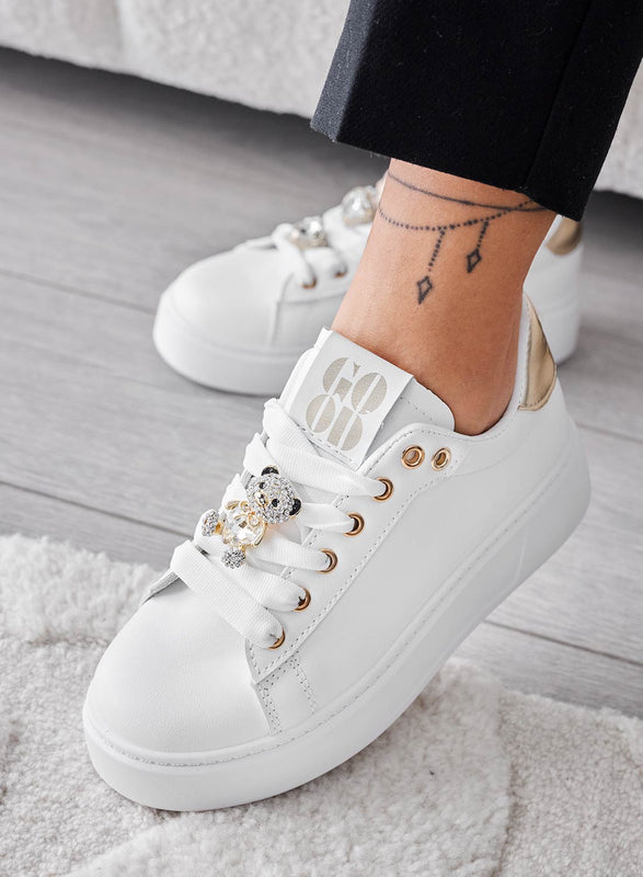 LOIRE - Sneakers bianche con plateau con strass e retro oro