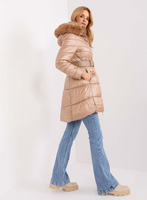 Long padded jacket with hood in mud-colored faux fur