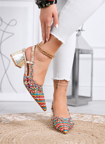 NICOLE - Multicolor pointed woven pumps with strap and wide gold heel