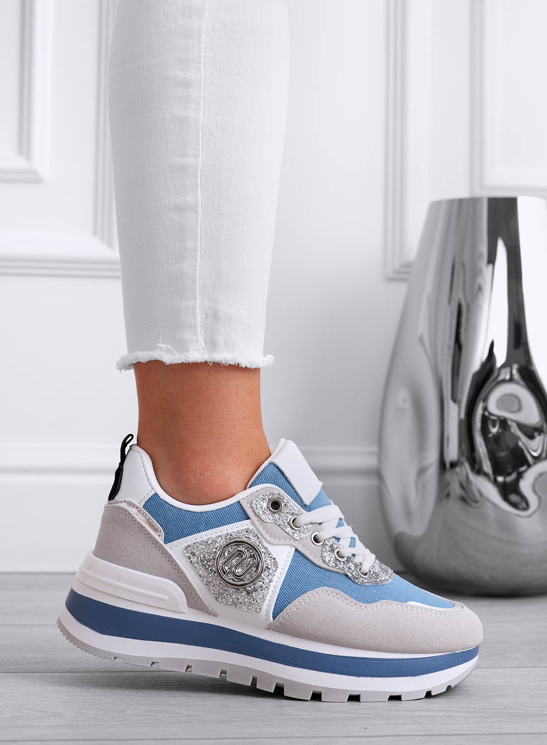 ERSILIA - Sneakers blu in tessuto con inserti argento