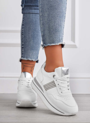 White sneakers with silver inserts and rhinestones