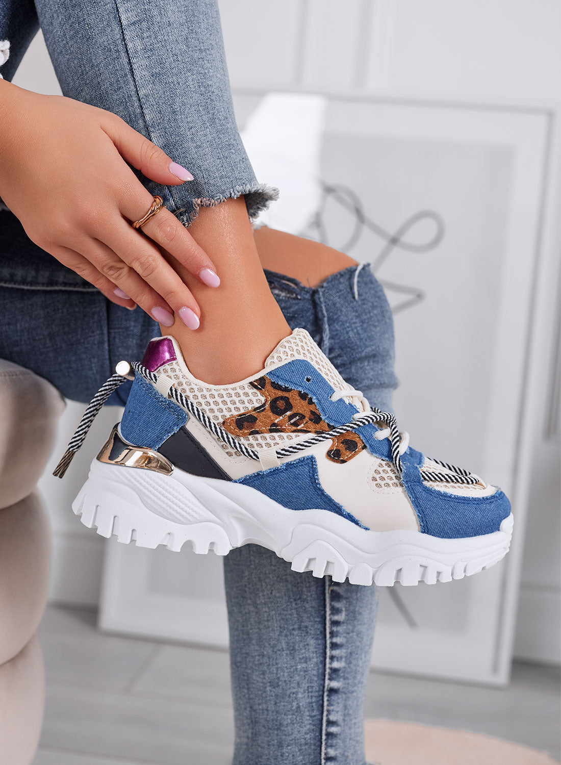 AMANDA - Sneakers chunky blu jeans con dettagli animalier