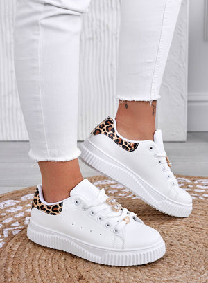 BEVERLY - White sneakers with jeweled teddy bear and leopard-print back