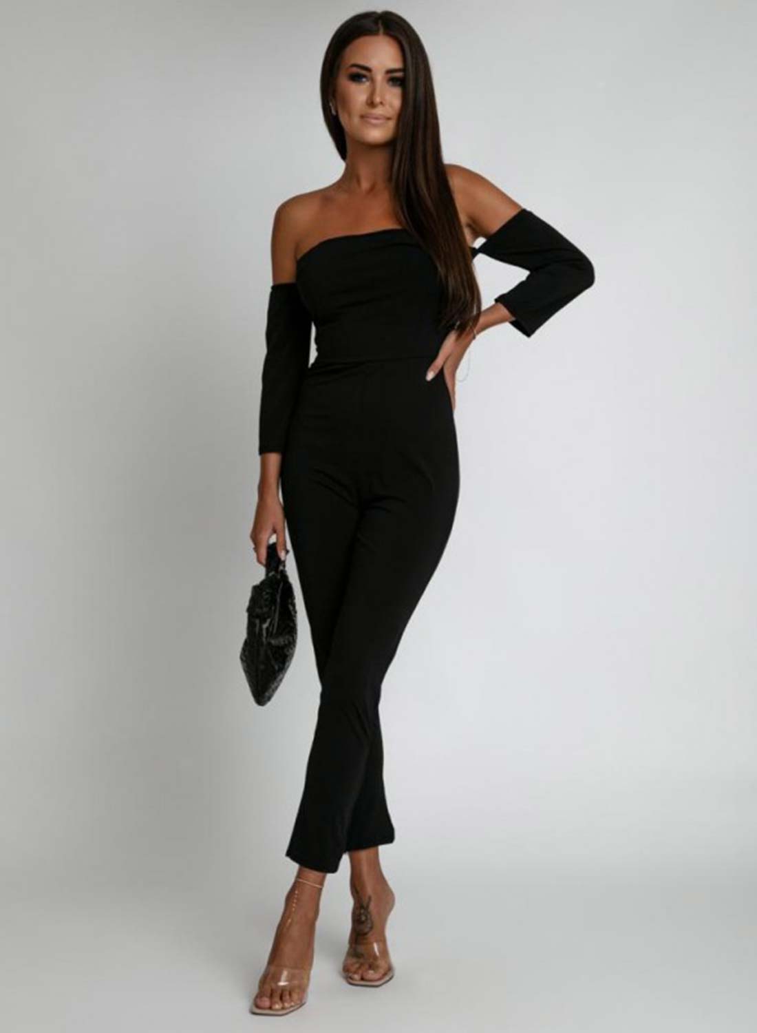 Long black jumpsuit with boat neckline