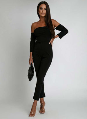 Long black jumpsuit with boat neckline