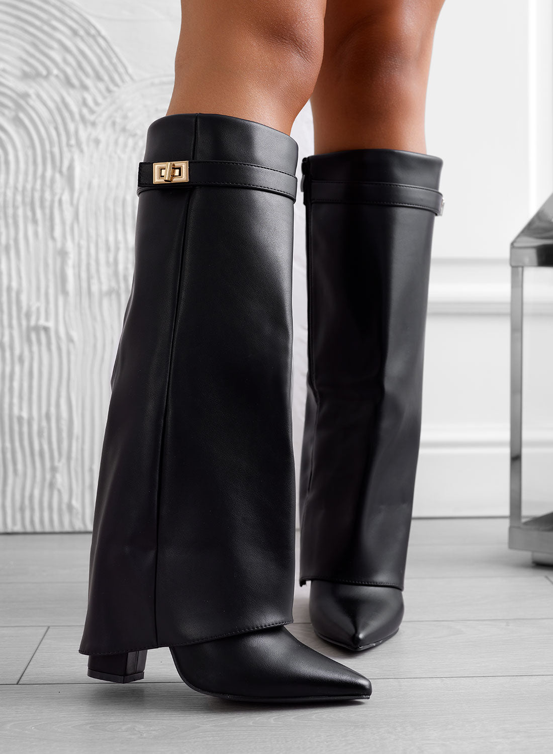 ALBIA - Black high boots with stiletto toe and gold detail