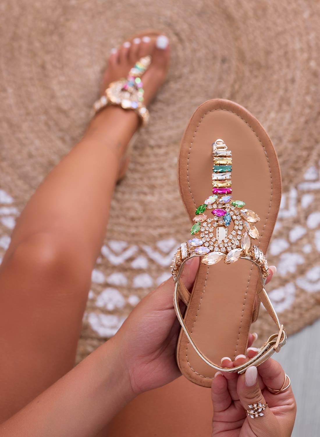 HELLEN - Gold jeweled thong sandals with multicolor stones