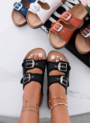 KETTY - Black fabric slide sandals with buckles