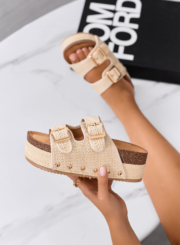 ZETA - Sandali Zeppe beige platform in corda intrecciata con doppia fibbia