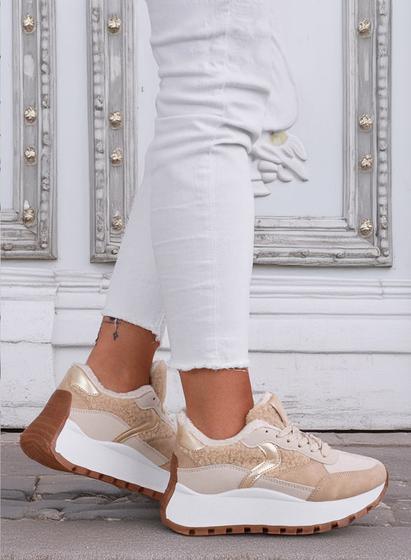 JORAS - Sneakers beige con inserti in ecopelliccia