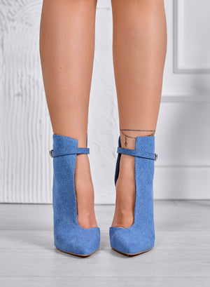 ADELAIDE - Blue denim ankle boots with side opening and high stiletto heel