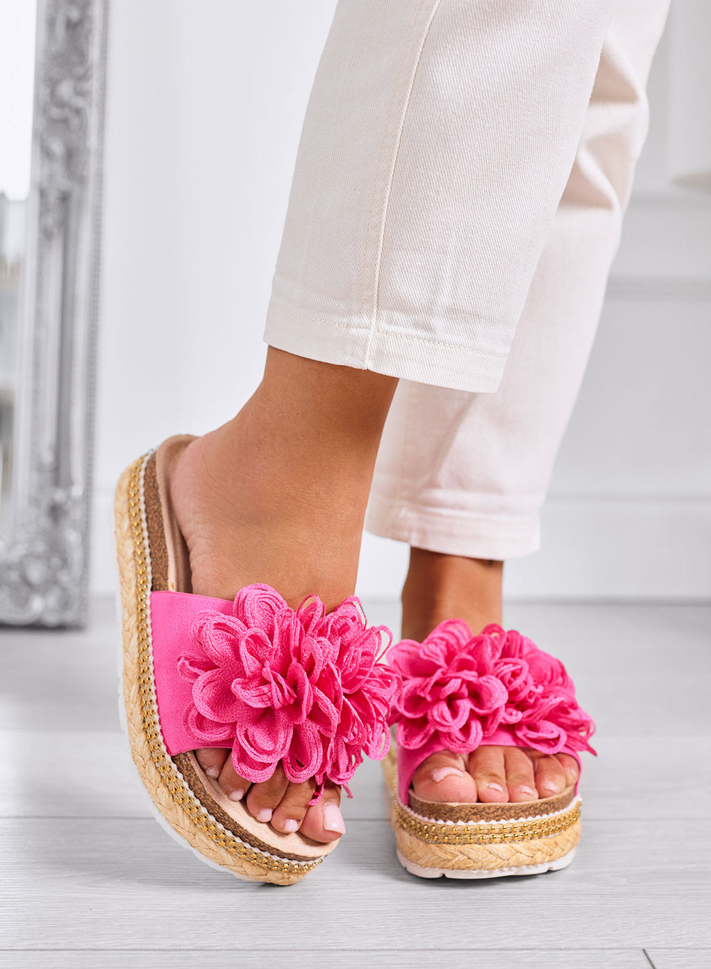 ELEONORA - Sandali Ciabatte fucsia con maxi fiore e suola platform in corda